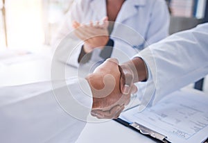 Science partnership agreement, handshake innovation deal and research laboratory scientist contract. Medical teamwork photo