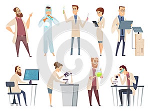 Science people. Characters chemistry biology innovation doctors working in scientific laboratory vector mascot design