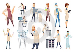 Science persons. Characters doctors lab technician workers biologists or pharmacists vector people