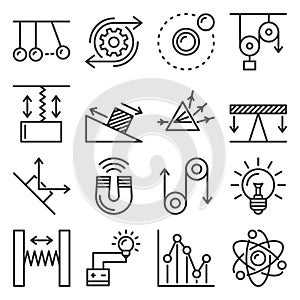 Science Physics Icons Set on White Background. Line Style Vector