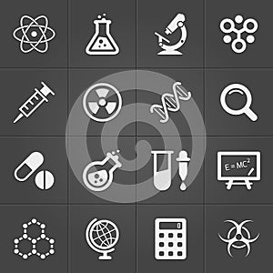 Science and physics related icons on black. Vector
