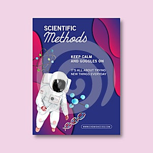 Science poster design with astronaut, molecule watercolor illustration