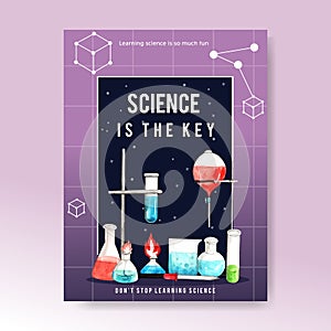Science poster design with laboratory supplies watercolor illustration