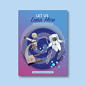 Science poster design with microscope, astronaut watercolor illustration