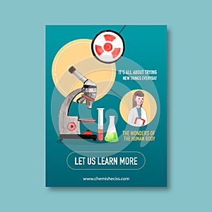 Science poster design with microscope, test tube watercolor illustration