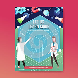 Science poster design with scientist, magnet watercolor illustration