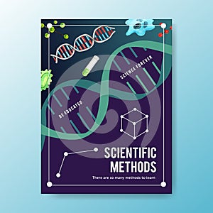 Science poster design with test tube, cell watercolor illustration