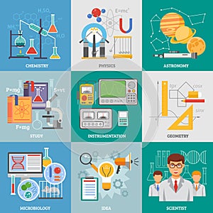 Science Research 9 Flat Icons Square