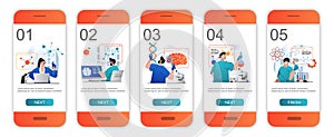 Science research concept onboarding screens for mobile app