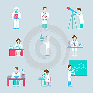 Science research lab people and objects flat icon set