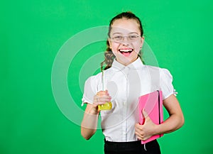 Science research in lab. Small school girl. education and knowledge. small smart girl with testing flask. child study