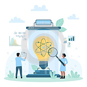 Science research in nuclear physics, tiny people learning abstract atom inside light bulb