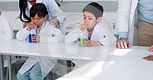 Science, research and teachers with children blowing bubbles, laboratory and chemical experiment for chemistry project
