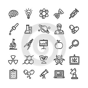 Science Research Thin Line Icon Set Like Microscope, Magnifier, Light Bulb Idea.