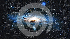 Science and research of the universe, spiral galaxy and physical formulas, concept of knowledge and education