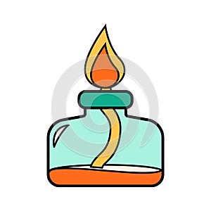 Science school alcohol or spirit burner icon. Chemistry and biology education laboratory cartoon bunsen burner with