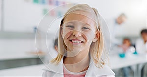 Science, school and portrait of girl in classroom for chemistry lesson, knowledge and learning with smile. Laboratory