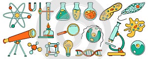 Science school set or education icons. Chemistry and biology laboratory cartoon collection. Bold bright microscope