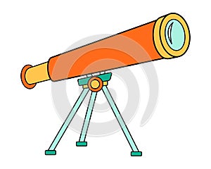 Science school telescope equipment icon. Astronomy education laboratory cartoon illustration. Bold bright planetarium