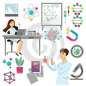 Science and scientist in biology, genetics or physics and chemistry vector icons