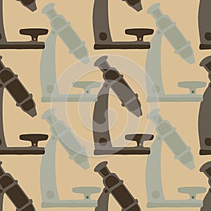 Science seamless doodle pattern with microscope elements. Brown and grey medical tools on beige background