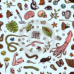 Science seamless pattern. Scientific laboratory in Biology. Icon Set of Biochemistry Research. Living creatures