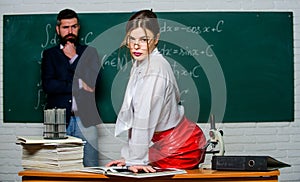 Science is sexy. Everyone dreaming about such teacher. Attractive teacher in leather skirt. Cheeky teacher. Impudent