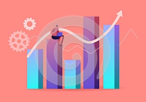 Science Statistics or Audit Analysis Inspection Concept. Woman Character with Laptop Sit on Huge Column Chart