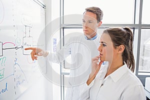 Science student and lecturer looking at whiteboard