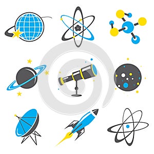 Science stuff icon Universe Solar system Planet Rocket Cartoon Vector
