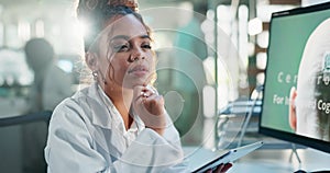 Science, tablet and woman at computer thinking, brainstorming or checking online results for study. Medical research