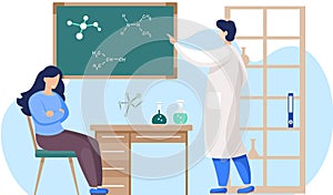 Science teacher professor standing near chalkboard teaching girl student in classroom at school