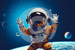 Science and tech symbol Astronaut on planet waves hello icon