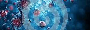 Science and Technology Banner, DNA Structure Model with Blood Cells on Blue Background with Space for Text