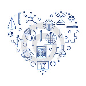 Science, Technology, Engineering and Math Education heart shaped blue line banner. STEM linear illustration