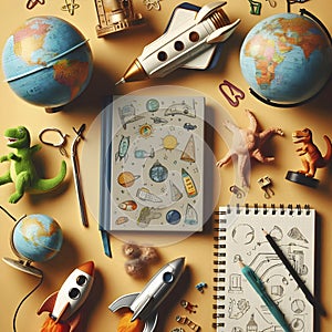 A science-themed childrens book about space or dinosaurs, placed next to a mini globe, Ai created image