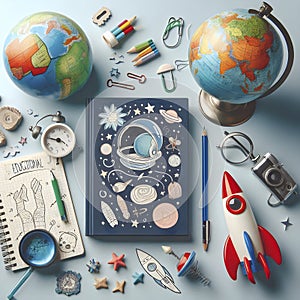 A science-themed childrens book about space or dinosaurs, placed next to a mini globe, Ai created image