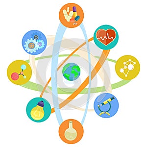 Science Themed Icons Placed in Atomic Model Set