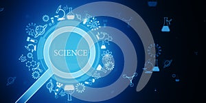 Science themed symbols on a blue digital background, abstract style, depicting various scientific icons and concepts.