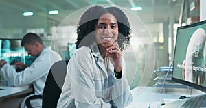 Science, woman and face or smile in laboratory with computer for brain chips development and neural medical research