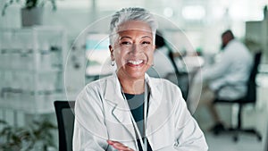 Science, woman and happy with arms crossed in laboratory for healthcare, medical research and laughing at desk. Senior