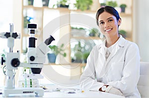 Science, woman and portrait in lab with smile for sample analysis, medical experiment or DNA test research. Scientist