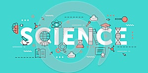 Science word thin line vector illustration with scientific knowledge and research educational symbols, school