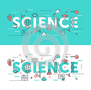 Science word thin line vector illustration set, flat infographic website design collection with scientific research