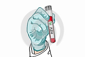 sciencest ,doctor , healthy worker hand giving medical gloves and holding laboratory tube hiv positive test illustration.
