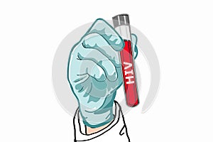 Sciencest ,doctor ,  healthy worker hand giving medical gloves and holding laboratory tube on hiv text.