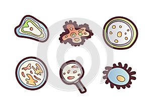 Scientic research cartoon vector icon. Molecules and unicellular organisms under a microscope and magnifying glass photo