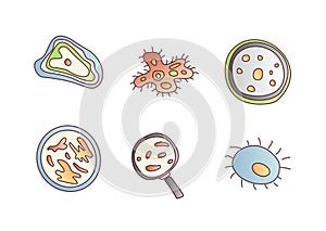 Scientic research cartoon vector icon. Molecules and unicellular organisms under a microscope and magnifying glass photo