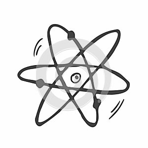 scientific atom symbol, simple icon. Hand drawn picture on paper sheet. Doodle on checkered background