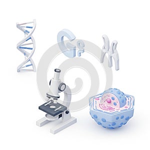Scientific and Biological Research Elements with DNA, Microscope, and Cell Models